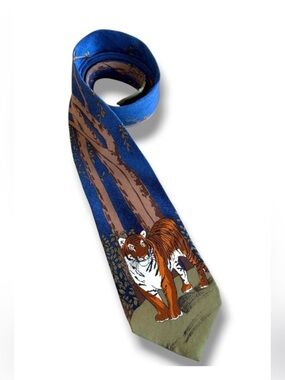 WWF World Wildlife Fund Bengal Tigers Neck Tie Navy Blue 100% Silk Vintage 1991